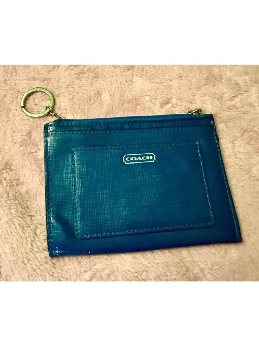 Coach Blue Leather Card Purse Wallet w/ Key Ring – Darcy Saffiano – NWOT